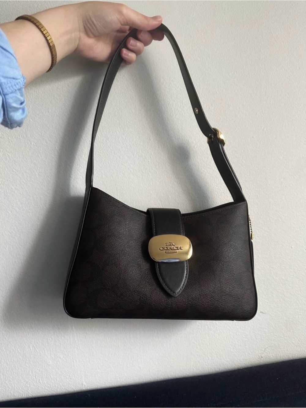 Eliza Coach Chocolate Brown Signature Shoulder Bag with Gold Hardware